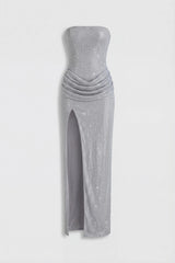 Embellished Bandeau Cowl-Waist Maxi Dress in Silver