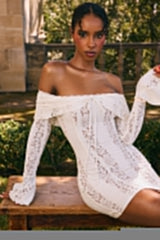 vintage cream floral lace off shoulder mini dress