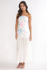 Wilma Sheer Hem Strapless Maxi Dress Flowers Blue