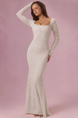 Lace Long-Sleeve Maxi Dress in Ivory