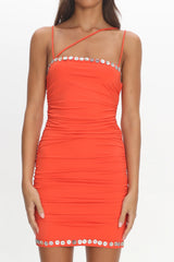 Denia Button Trim Ruched Mini Dress Tangerine