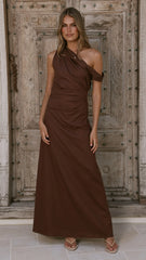 Larissa One Shoulder Maxi Dress - Brown