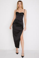 black satin pleated corset midi dress