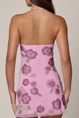 Embellished Halterneck Mini Dress in Soft Pink
