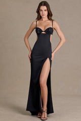 Satin Embellished Bralette Gown in Black