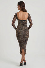 Layered Bra-Detail Ruched Midaxi Dress in Leopard Print