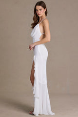 Chiffon Cowl-Neck Open-Back Gown in White