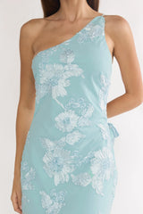 Mireya One-Shoulder Sheer Hem Maxi Dress Aqua