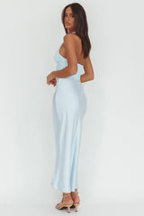 Heliora Halterneck Rosette Bust Maxi Dress Ice Blue
