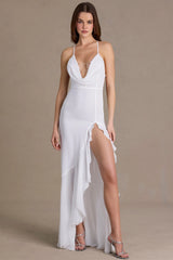 Chiffon Cowl-Neck Open-Back Gown in White