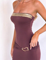 EOS SEQUIN TUBE MAXI DRESS - CINNAMON CHOCOLATE