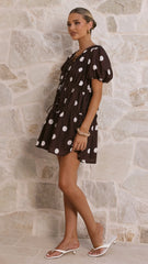 Alina Mini Dress - Chocolate/White Polka