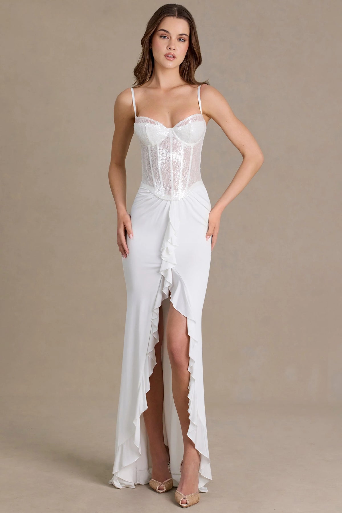 Embellished Lace Corset Gown in White