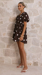 Alina Mini Dress - Chocolate/White Polka