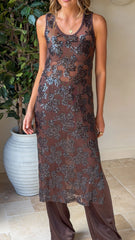 Valencia Sequin Maxi Dress - Brown