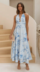 Kathy Halter Neck Maxi Dress - Blue Floral