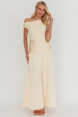 Diana Asymmetric Shoulder Pleat Waist Maxi Dress Butter