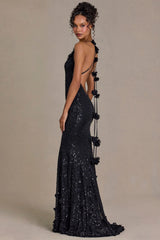 Embellished Plunge Open-Back Gown in Black