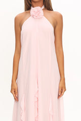 Lecce Halterneck Ruffle Trim Maxi Dress Blush