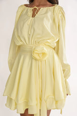Maeva Long Balloon Sleeve Rosette Mini Dress Lemon