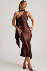 Asymmetric Scarf-Detail Midaxi Dress in Chocolate Brown