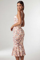 Layered Bra-Detail Fishtail Midaxi Dress in Primrose Floral Print