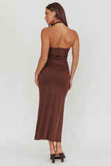 Mixed Feelings Ruched Bodice Halter Maxi Dress Chocolate